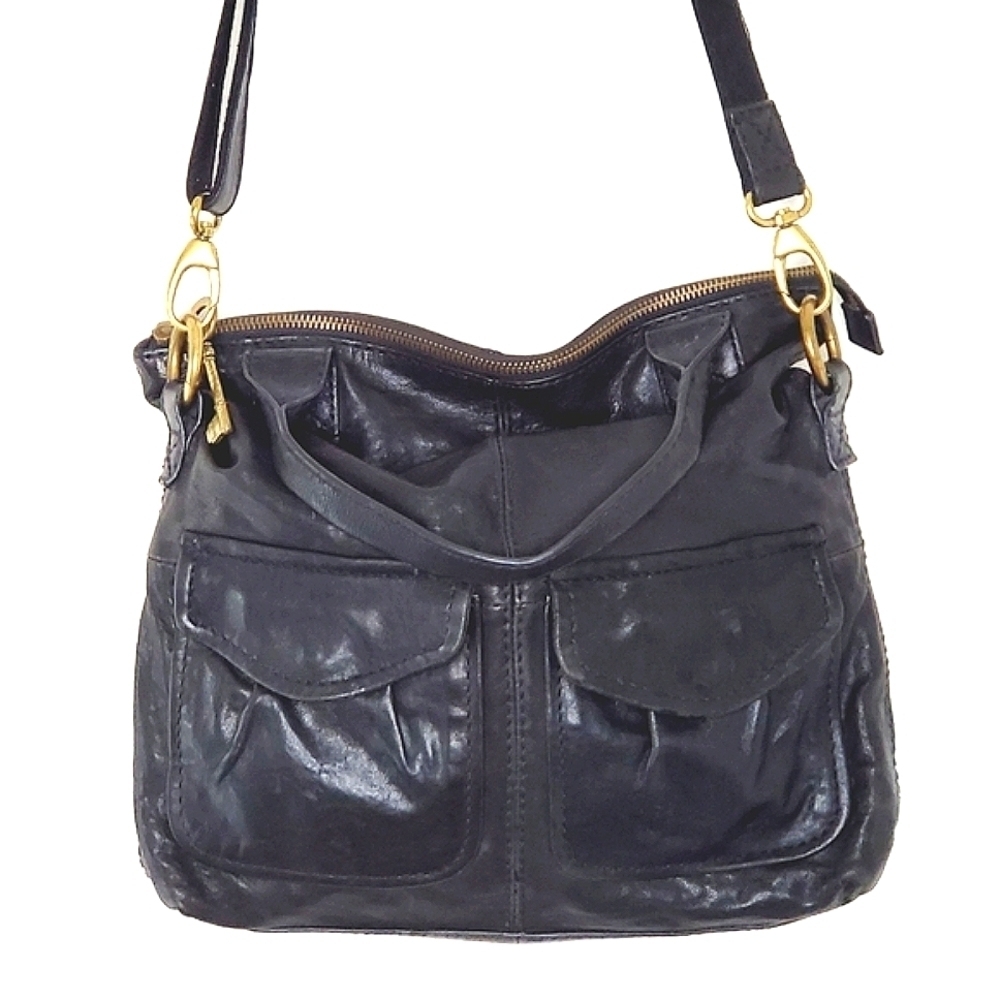 Fossil‎ Slouchy Foldover Crossbody Purse Black Cargo Utility Shoulder Handbag